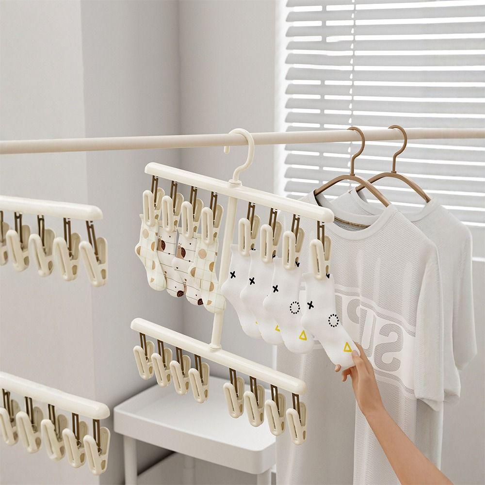 Multi-functional Sock Drying Rack Foldable Rotatable Clothes Hanger with Clips Windproof Space Saving Socks Hanger Clip