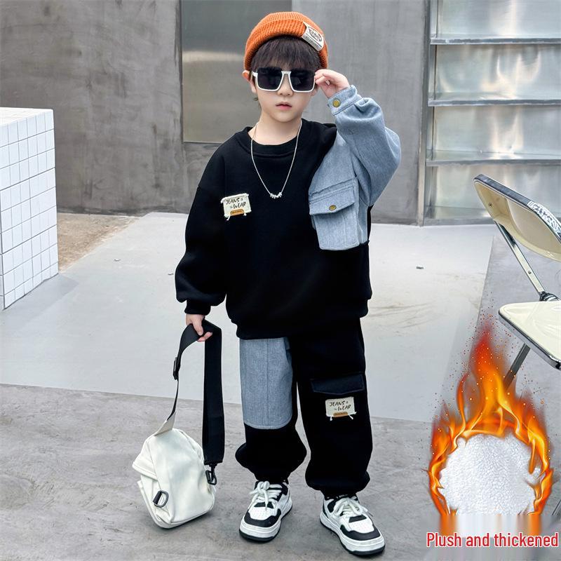 Spring Autumn 2025 Boys' Korean-Style Fleece Denim Set