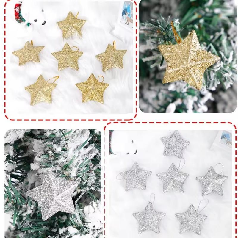 6/24pcs Christmas Glitter Star 5cm Pentagram Christmas Hanging Pendant For Birthday Wedding Festive Christmas Party Decoration