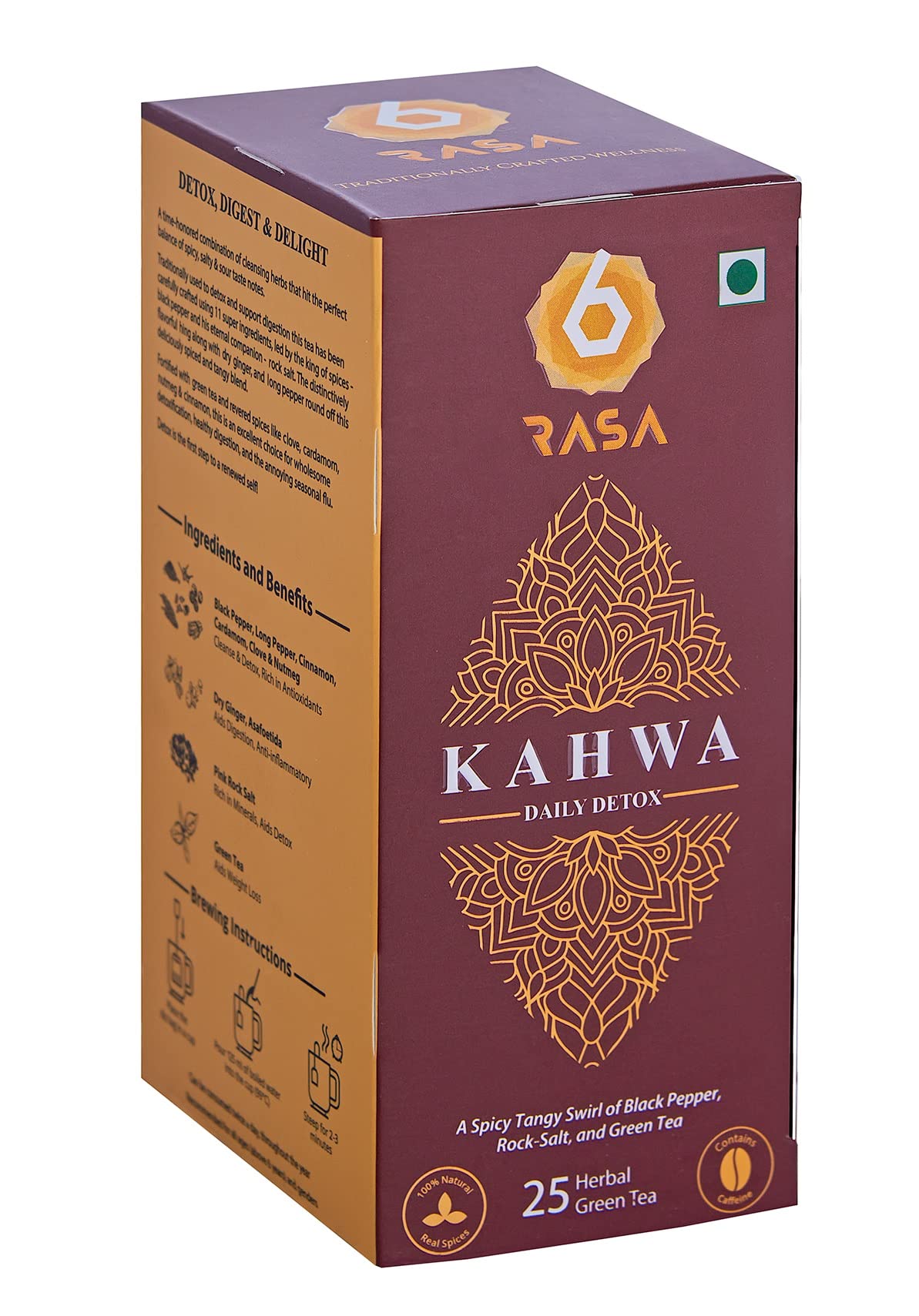 6rasa Kahwa Daily Detox Green Tea Bags | 11 Ayurvedic Spices | For Cleanse & Detox, Immunity00% Natural Herbs & Spices | No Added Sugar (2.