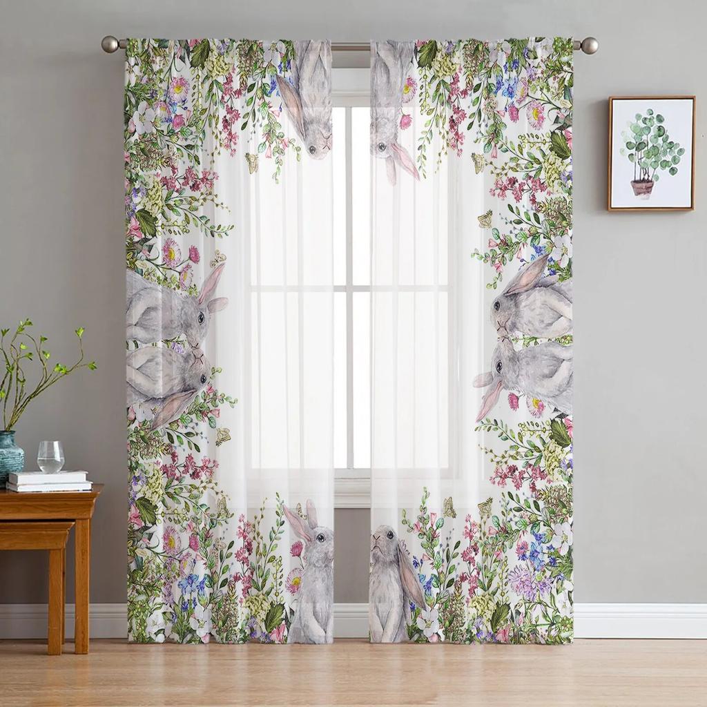 Osterhasen-Blumen-Schmetterlings-Aquarell-Kaninchen-Tüllvorhänge für Wohnzimmer, Küche, durchsichtiger Voile-Vorhang, Schlafzimmer-Fensterpaneele