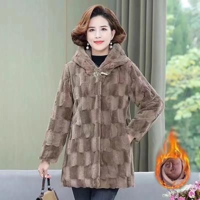 Mother's Winter Mink Imitation Leather Winter Coat Middle-aged and Elderly Women's Hooded Thick Loose Coat