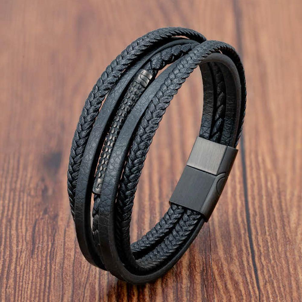 Schwarzes Lederseil Rindsleder Herren Doppellagig, Echtes Leder Geflochtenes Armband Handgefertigt Mehrlagiges Lederarmband 2026