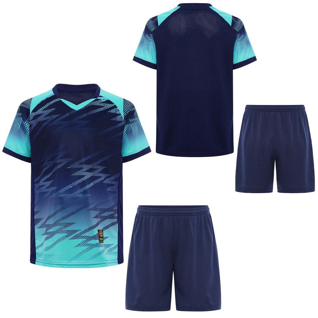 Children‘s Football Training Outfit V-Neck Short Sleeve Patterned T-Shirt and Elastic Waistband Drawstring Shorts for Athletic Practice