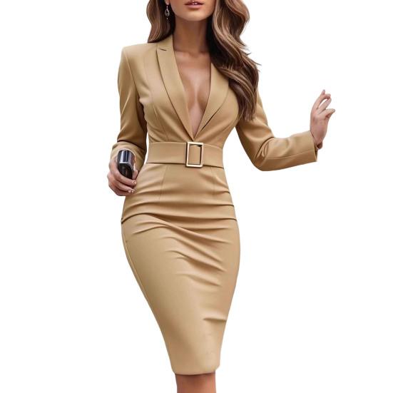 Women's Work Dress Long Sleeve Deep V Neck Bodycon Sheath Suit Dress Church Teacher Business Office Outfit with Square Buckle