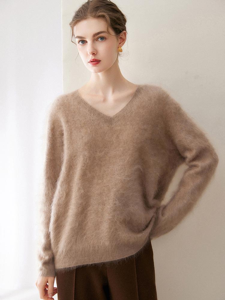 Kang Sai Ni Women's 100% Cashmere Long Brushed Sweater, Old Money Style Knitwear