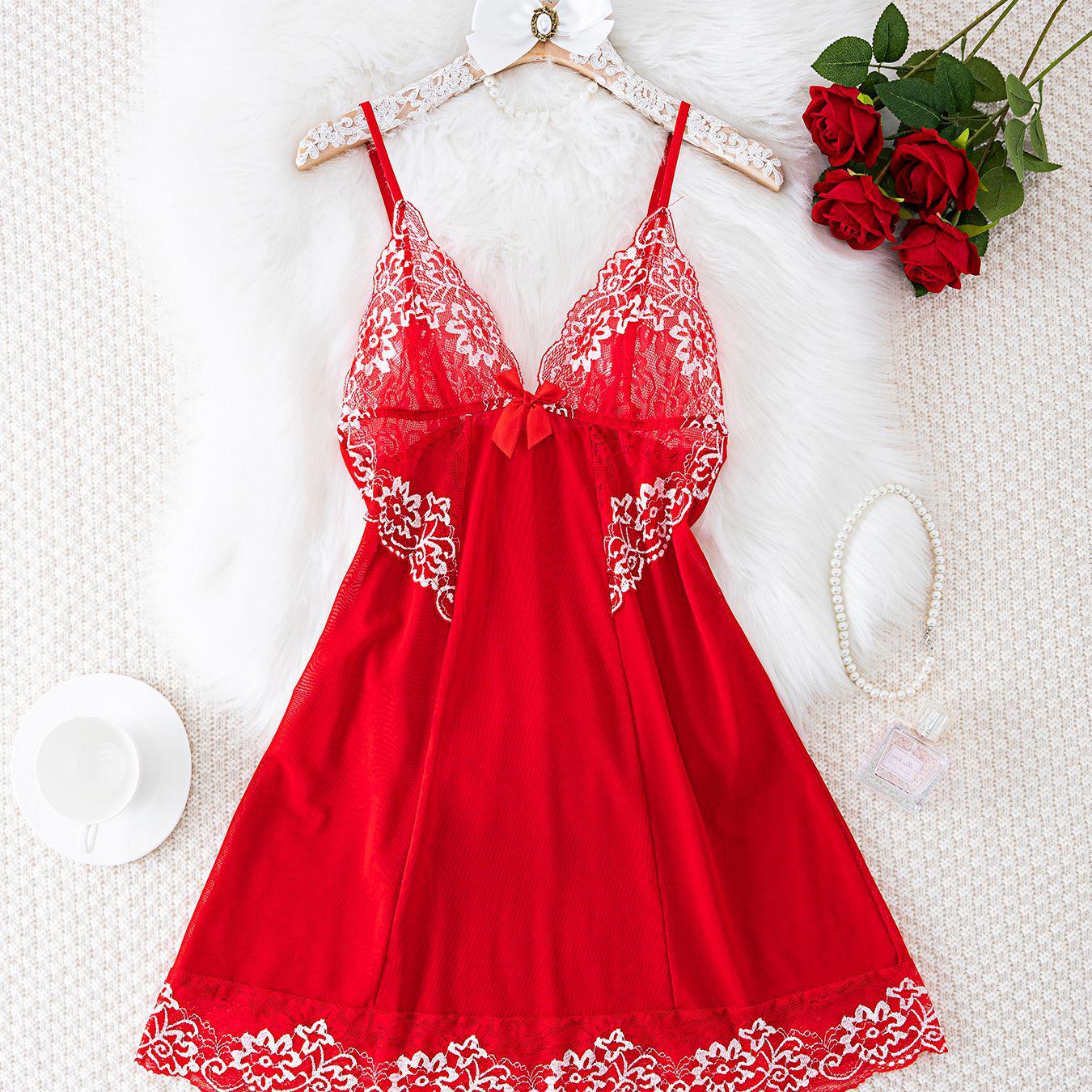 Contrast Color Mesh Lace See-through Sexy Nightgown Lingerie L