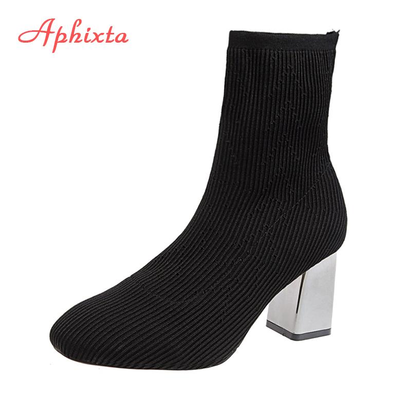 Fashion Aphixta 2025 New Fashion Ankle Boots Women Shoes Elastic Sock Boot Chunky High Heels Stretch Sexy Booties Pointed Toe Plus 41 43