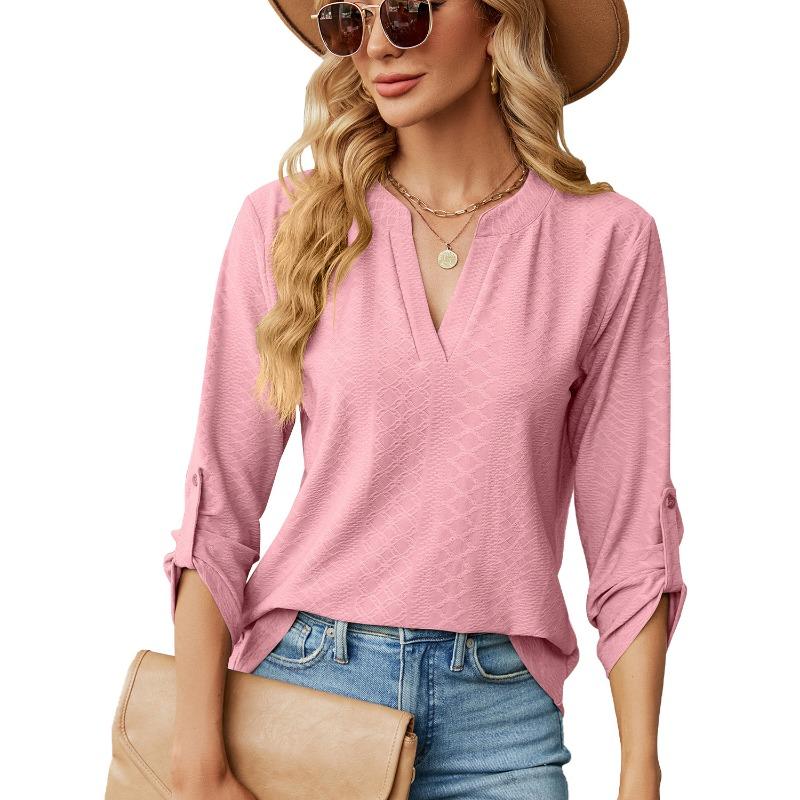 Damen Unifarben V-Ausschnitt Dreiviertelarm Locker Lässig T-Shirt Top