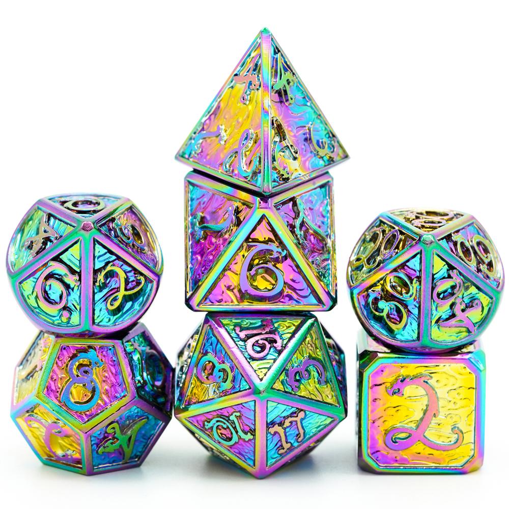 Cusdie Dragon Font DND Dice Metal, Auspicious Cloud, 7Pcs Polyhedral Dice Set, for D&D Role Playing Game Pathfinder Board Games