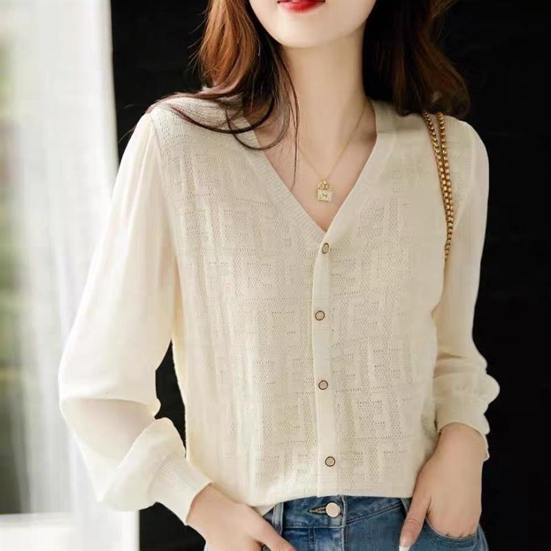 Fashionable Knitted Women's Autumn Wear Micro Transparent V-neck Long Sleeved Top T-Shirts Women’s