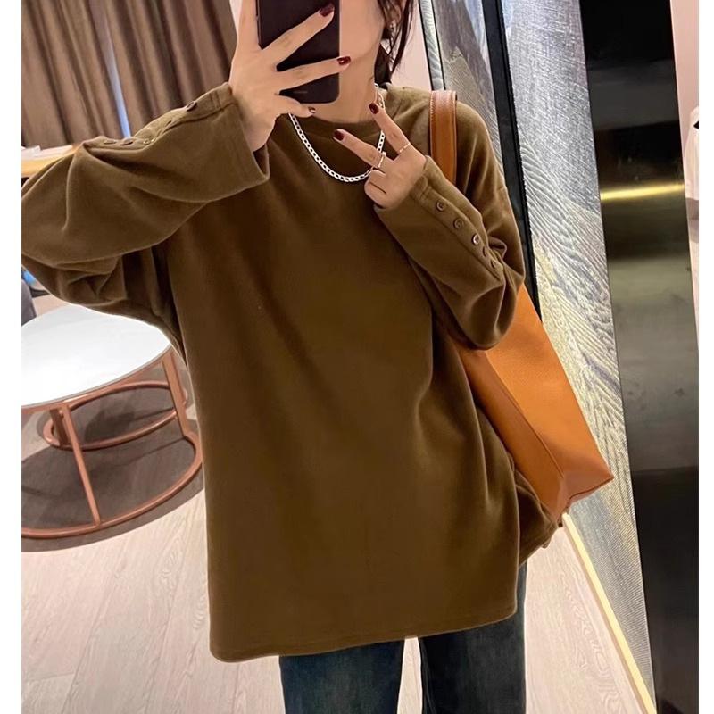 

Women Winter Camel Fleece Half Turtleneck Button Cuff Oversized Casual Top S коричневый