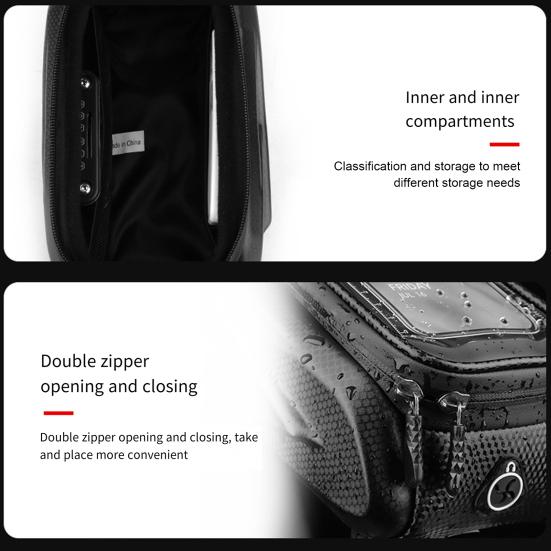 Voděodolná cyklistická taška s velkou kapacitou, zapínání na zip, dotykové ovládání, design, pouzdro na telefon, univerzální, snadno instalovatelná cyklistická taška-organizér