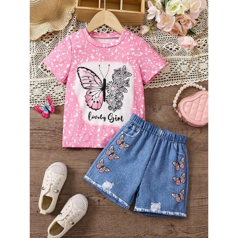 Girls Summer Cartoon Print Suit Without Pockets Fake Denim Shorts T-shirt Top Two-piece Set