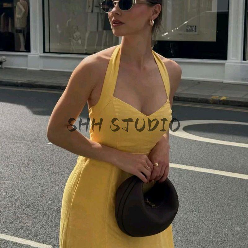 Summer New Product Women's Clothes Minimalist Cotton and Linen Blended Bowknot Decoration Hanging Collar High Waist Midi Skirt Long Dress