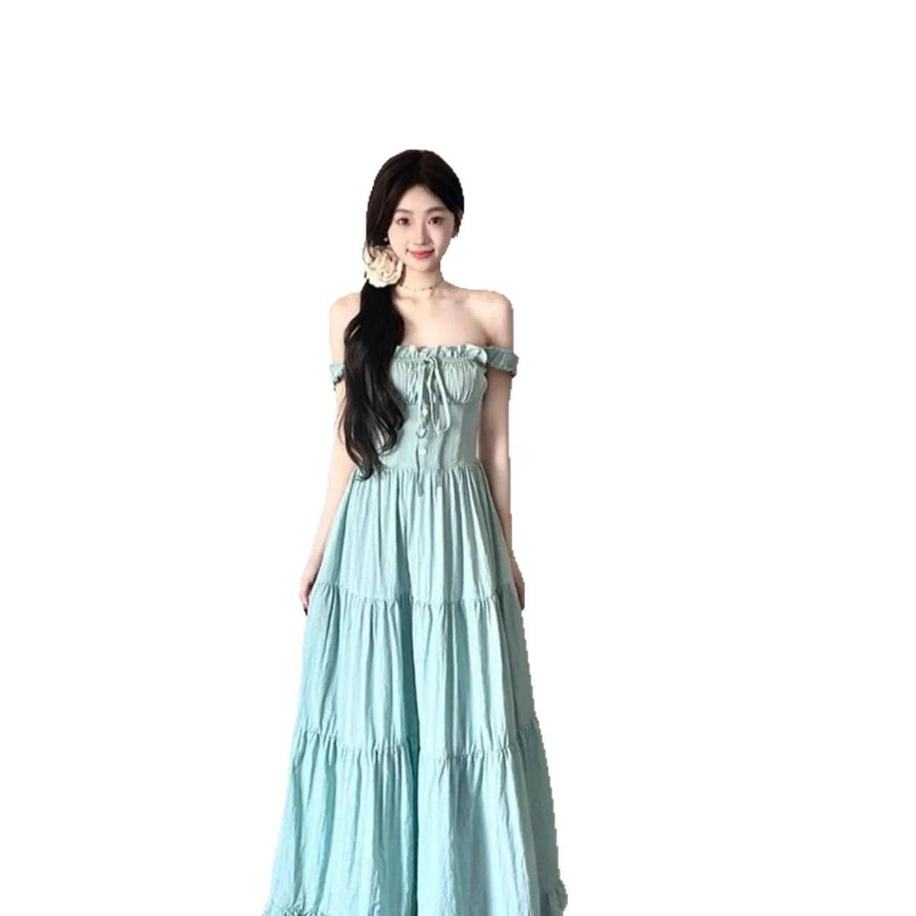 Women's Mint Green Strappy Dress: 2026 French Style, Waist-Cinching A-line Long Summer Skirt