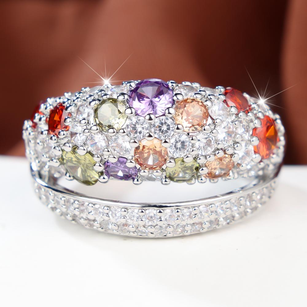 Luxury Silver Color Ring for Women Multi Color Round Zircon Paved Evening Party Banquet Fashion Jewelry Gift