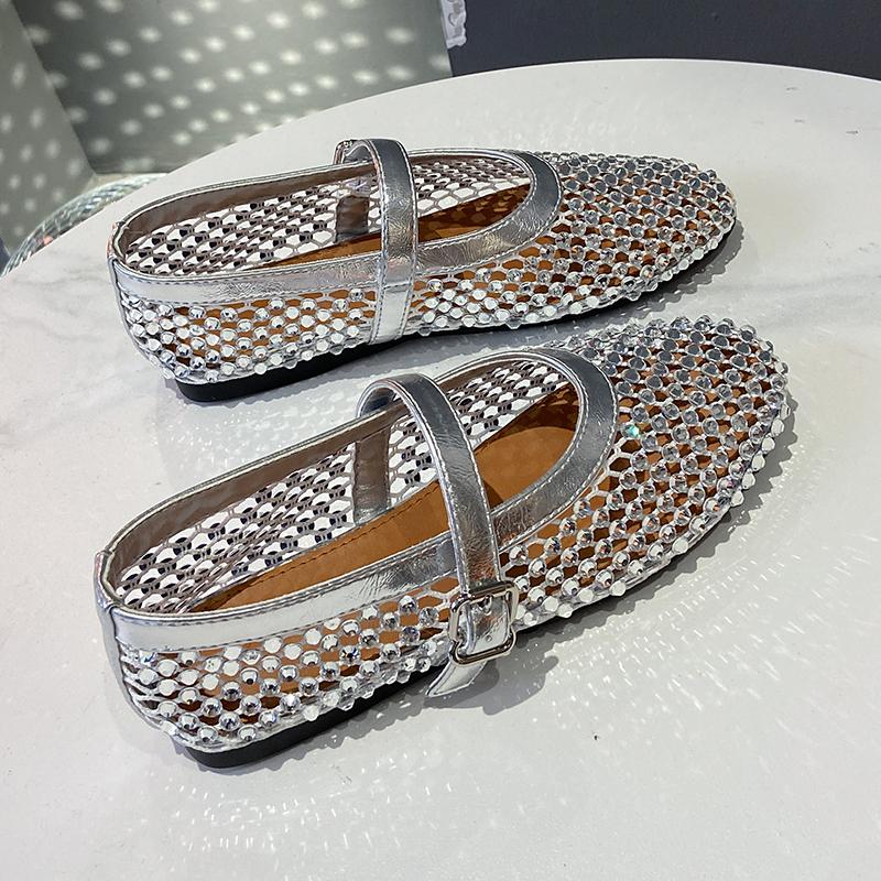 Mesh Atmungsaktiv Strass Modische Damen Flats Sommer Neuer Stil Ballett Schnalle Flache Mary Jane Schuhe Damenschuhe