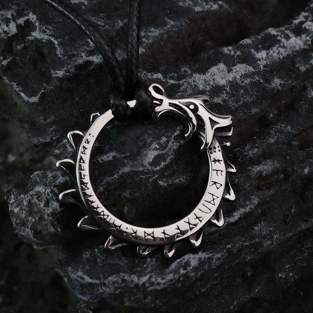 Vintage Stainless Steel Men's Norse Rune Dragon Pendant Necklace