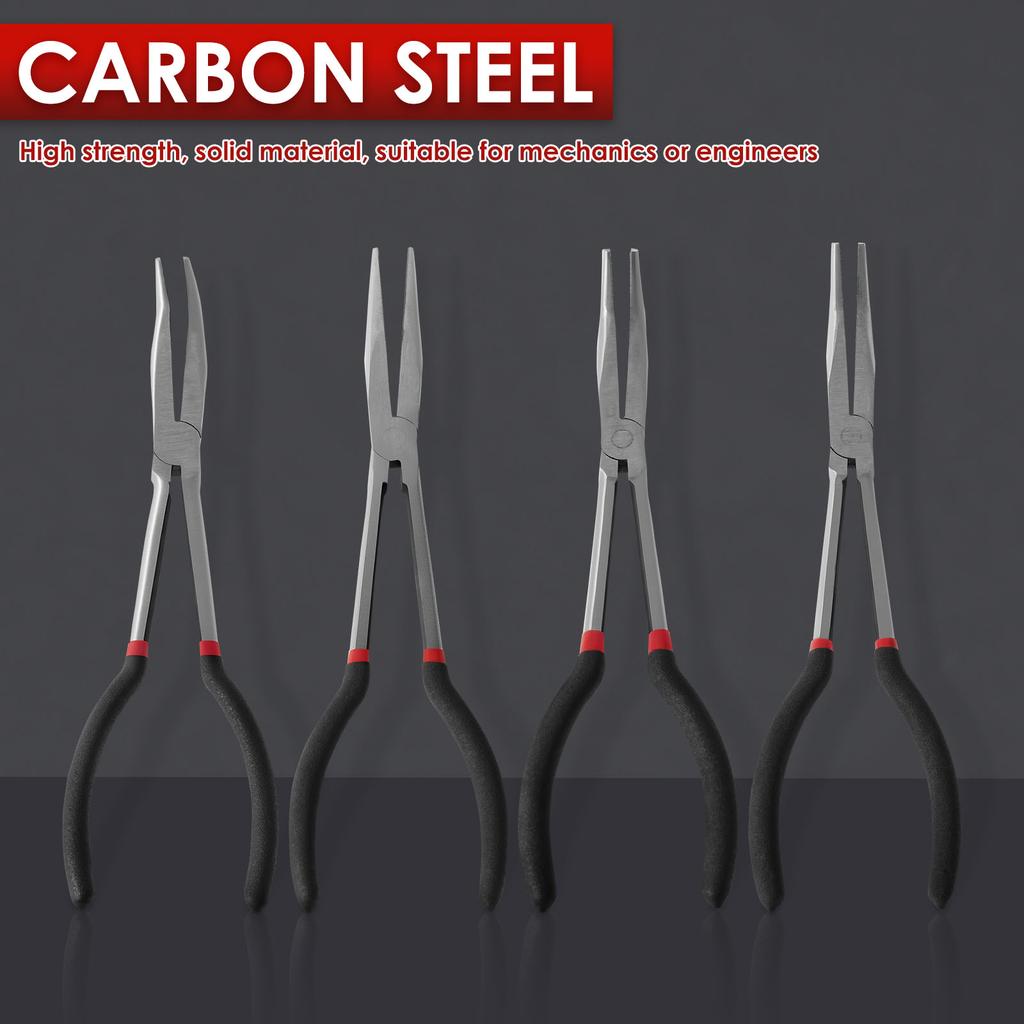 1/4Pcs Needle Nose Pliers Set 11 Inch Carbon Steel Long Nose Pliers Set with Nonslip Handle for Narrow Space Mechanic Car Repair