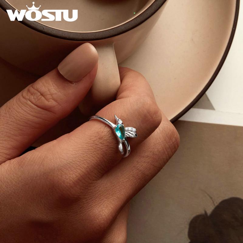 WOSTU 925 Sterling Silver Mint Green Hummingbird Opening ring for Women Drop Crystal Cute Bird Rings Party Jewelry Birthday Gift