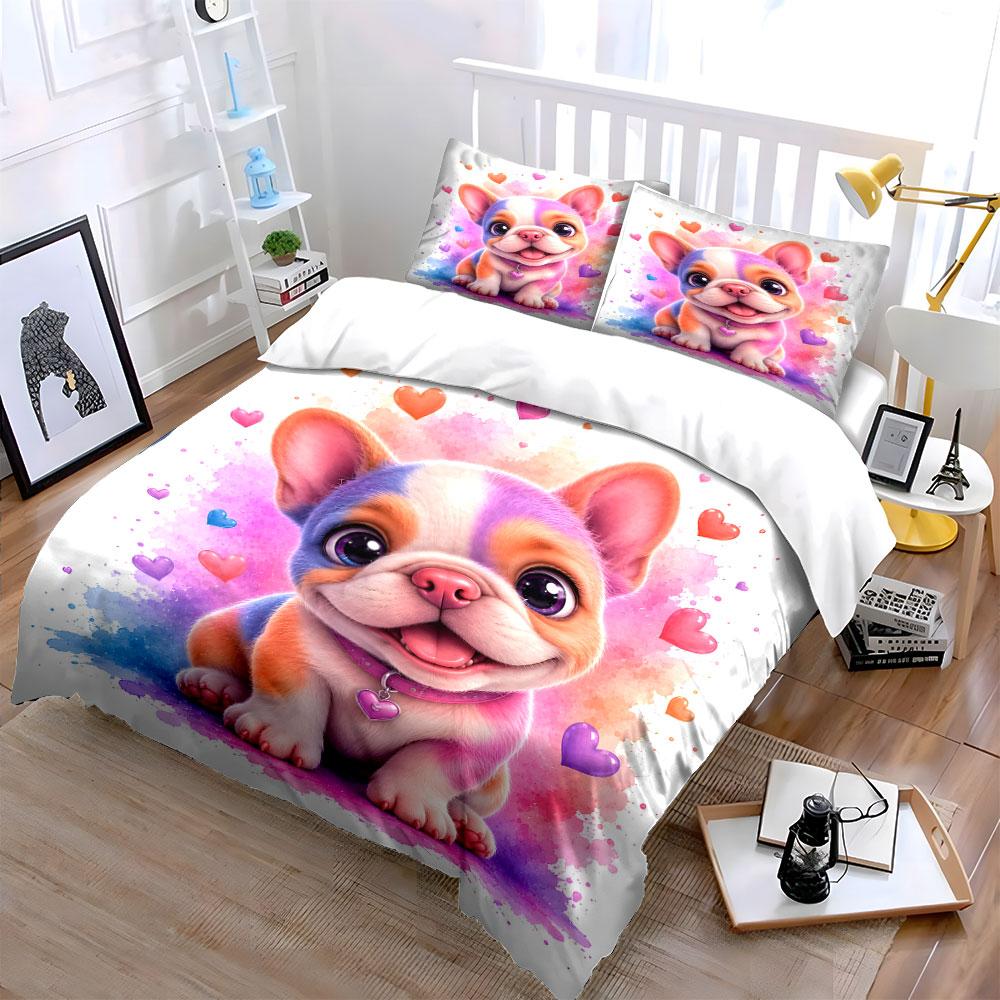 Colorful cartoon puppy with hearts Print Bedding Set 1 Duvet Cover 2 Pillowcases for Adult and Children Luxury Gift Full Size
