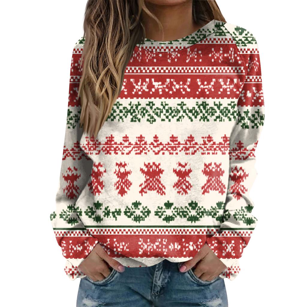 Women's Fashion Casual Long Sleeve Christmas Printed Neck Sweatshirt Top