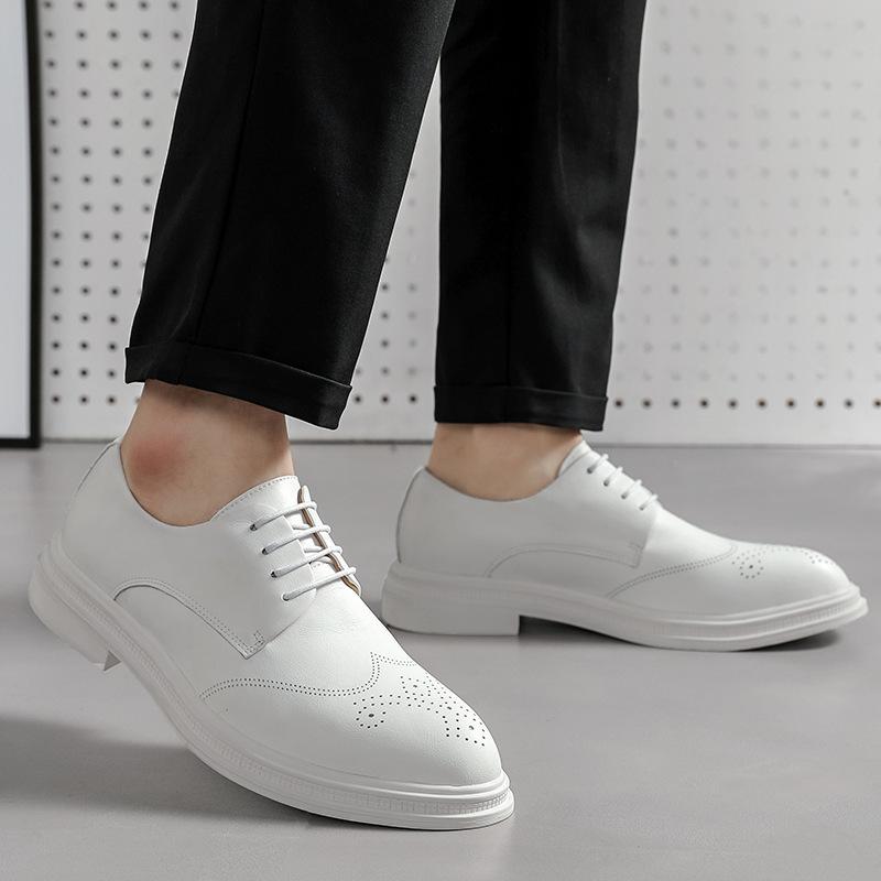 Large Size 46 Men's Heightening Brock White Leather Shoes Korean Version Dance New Casual Fashion Lace-up Men's Shoes