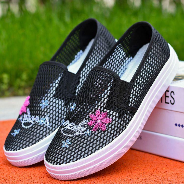 Summer Cloth Shoes Women's Mesh Shoes Flat Bottomed Hollow Casual Shoes Breathable Embroidered Mesh Comfortable and Versatile Shoes