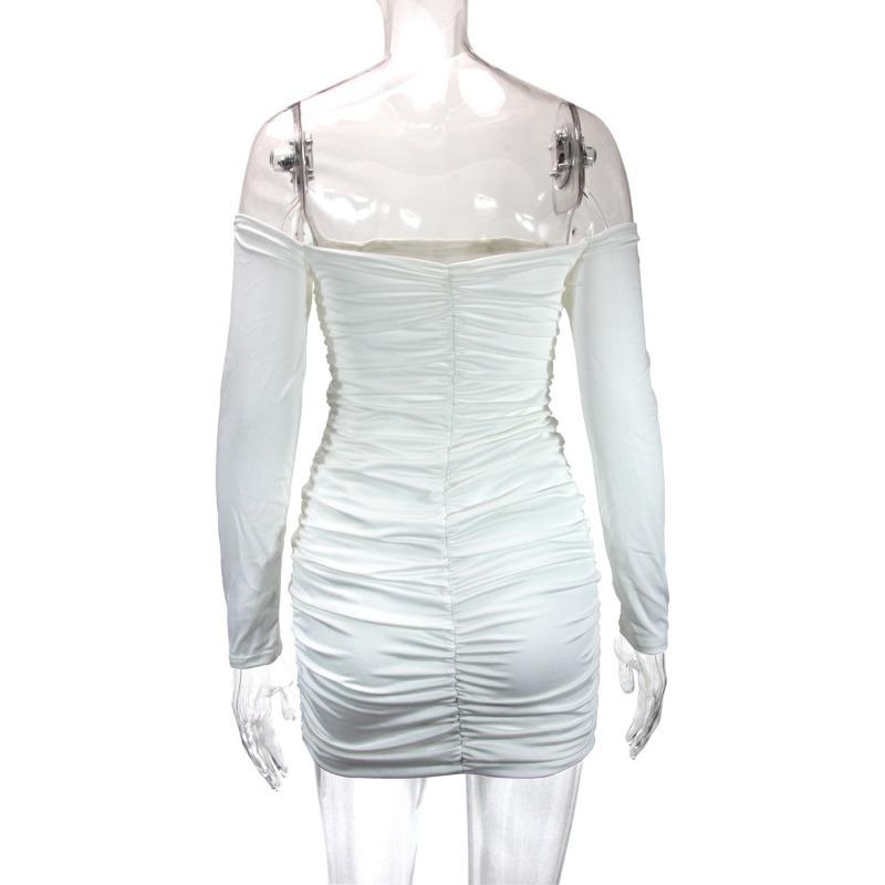 Women's Spring and Autumn One-line Collar Long Sleeve Pleated Temperament Package Hip Skirt Sexy Wrap Dress