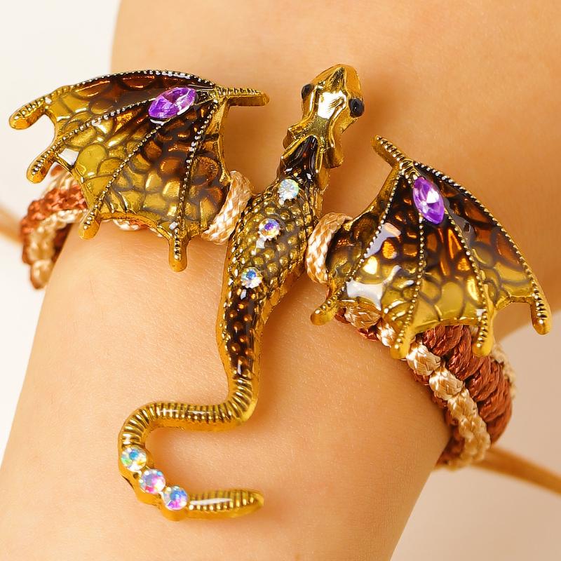 Vintage Hand Woven Dragon Hand Rope Enamel Diamond Inlaid Flying Dragon Jewelry Waterproof for Travel Wear