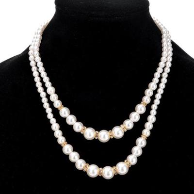 Gioielli con collana a doppio strato intarsiato con strass di perle finte da donna alla moda