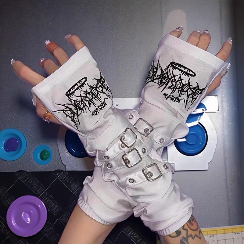 Gothic Lolita Embroidery Strap Black White Arm Sleeves Woman Japanese Style Adjustable Metal Buckle Punk Gloves Arm Cover