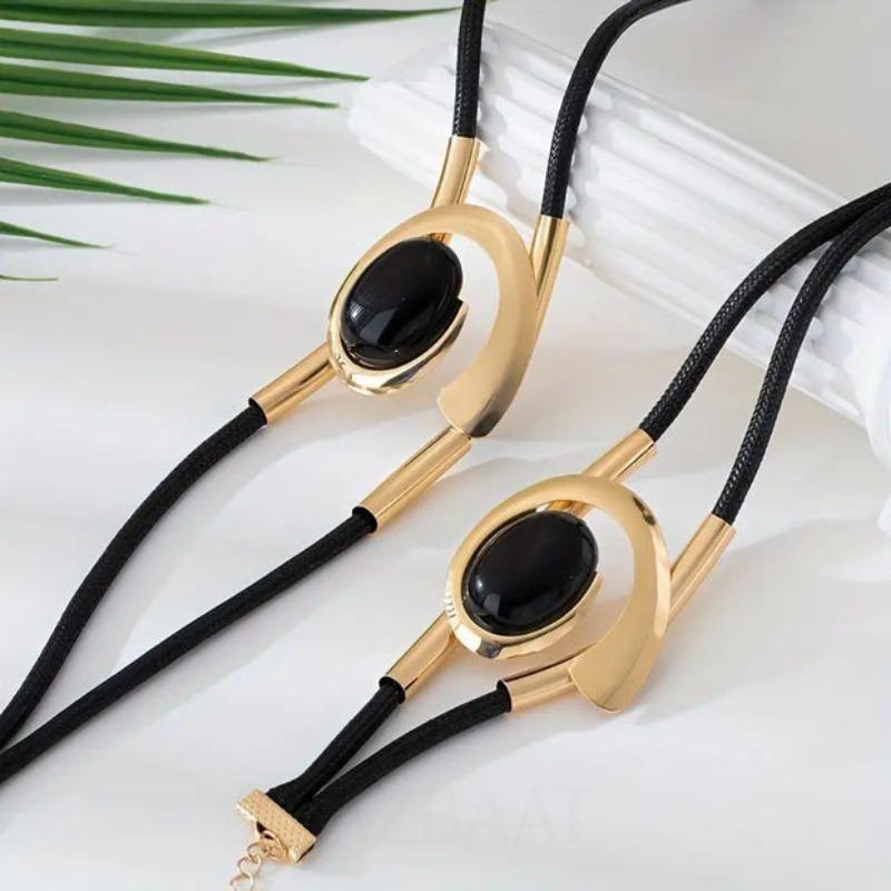 Simia style necklace and bracelet set, double black rope design, with oval black rhinestone pendant, ladies fashion jewelry