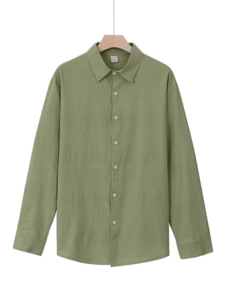 Men's European & American Linen Stand-Up Collar Cardigan Shirt - Solid Color, Long Sleeve, Casual, 2021