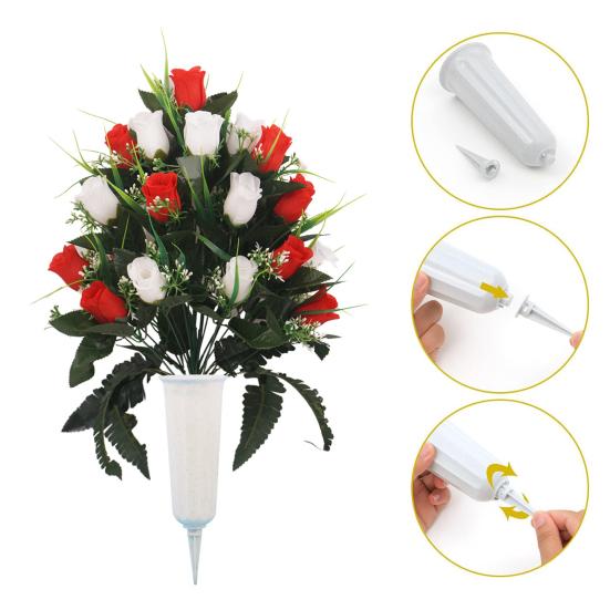 2 Pcs Artificial Cemetery Flowers Outdoor Gravestone Faux Rose Flower with Vase Graveyard Memorial Bouquet for Cemetery Headstones Decoration