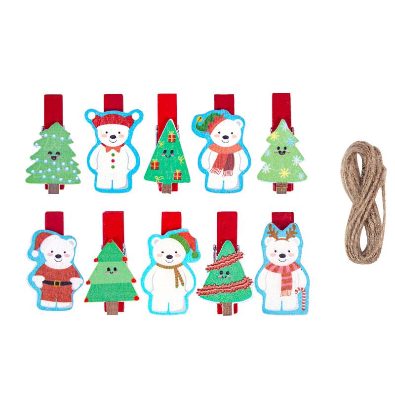 10pcs Mixed Styles Christmas Wood Clips Santa Bear Xmas Tree Photo Clips Clothespins DIY Photo Pegs for New Year Gift Bag Clip