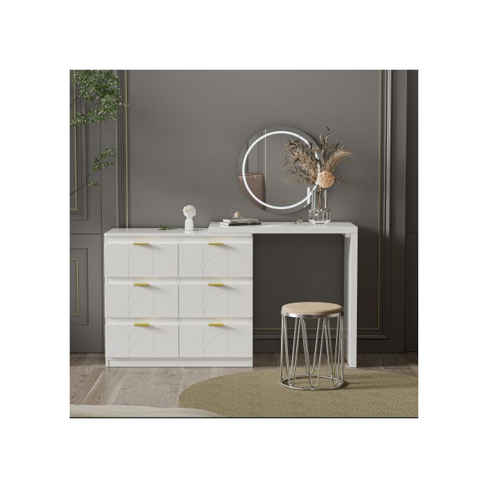 Comodă - MUVOE - 6 sertare - Mânere aurii - Alb - Design romantic