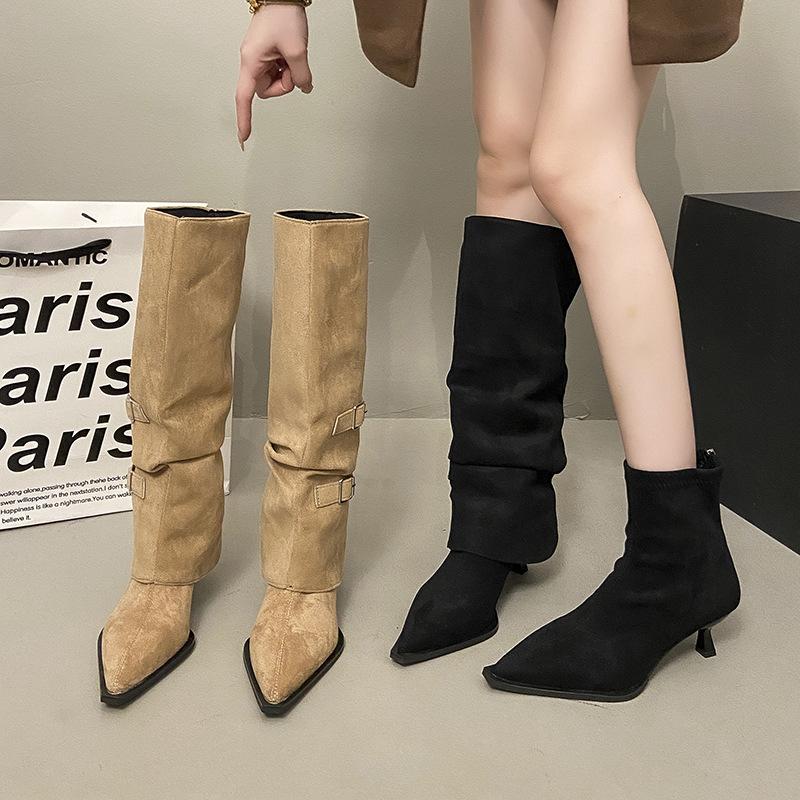 Korean Version Suede Pleated Piled Boots Long Boots Women's Autumn and Winter New Suede Two Wear Thin Heel Back Zipper High Heel Women's Boots