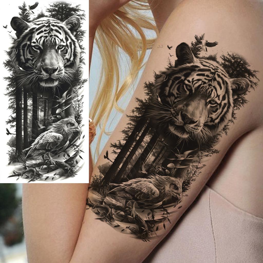 1 Sheet Realistic Fake Tiger Temporary Tattoos Sticker For Men Women Adults Water Transfer Transferable Tattoo Sleeve Waist Arm