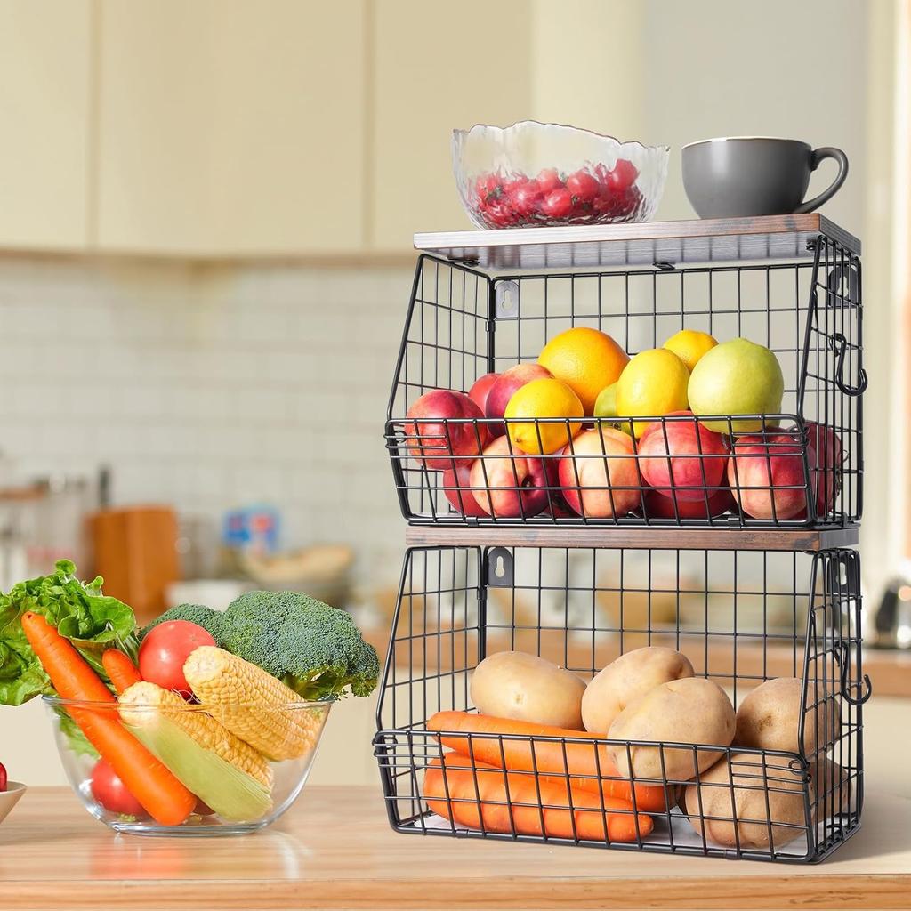Fruit Basket, 2 Tier Fruit Basket, 2pcs Kitchen Organizer Basket with Wooden Lid Stackable and Wall Mountable Basket for Snacks and Vegetables Storage