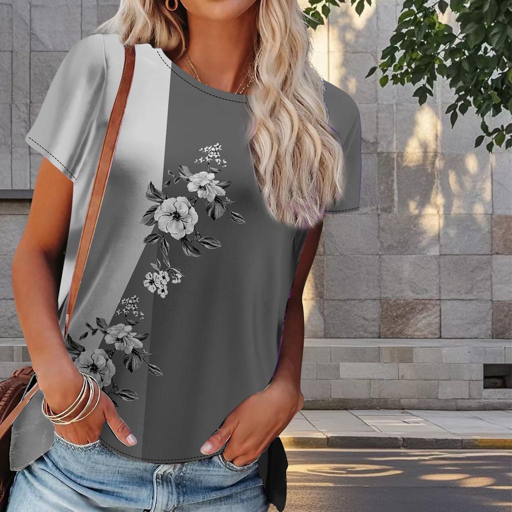 Femei vară T tricou flori imprimare retro la modă mânecă scurtă tricouri casual imprimate topuri