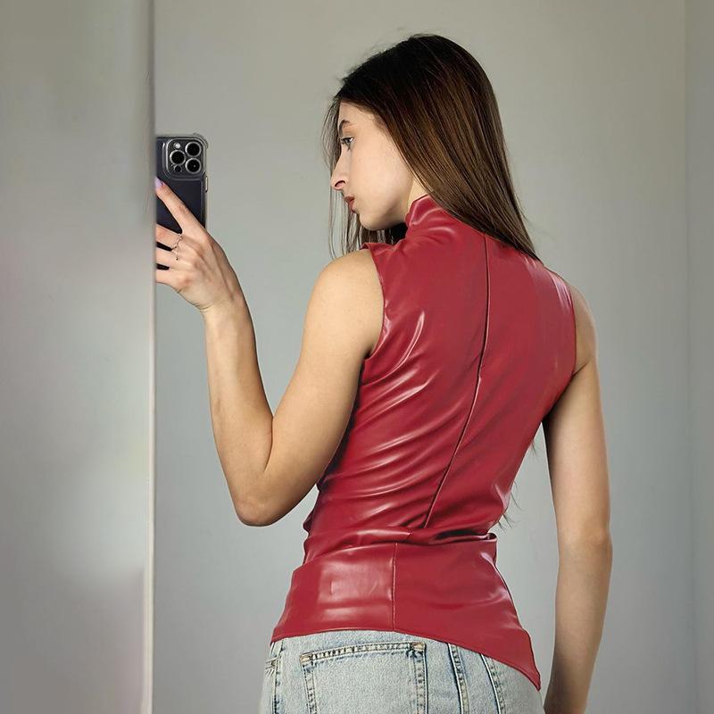 Sleeveless Women Basic Tank Top Y2K Pu Simple High Waist Skinny Pleated Shrunk Slash Cut Tops 2024 Vintage Versatile Noble Shirts 2500