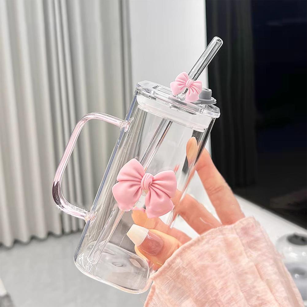 Square Shape Transparent Cup Water Bottle with Lids and Straws Clear Glass Cups with Handle Bow Knot Glasses Tumbler for Office