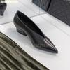 Fashion 2025 Summer New V-Neck Pointed Toe Pumps Women Sexy Black Sheepskin Shallow Slip On Chunky Heels Sandals Casual Fashion Shoes