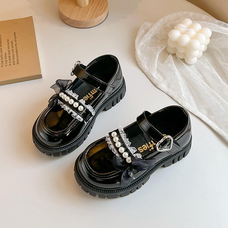Girls' Pearl Lace Bow Princess Little Leather Shoes2026Spring and summer children's solid color performance shoes for older kids