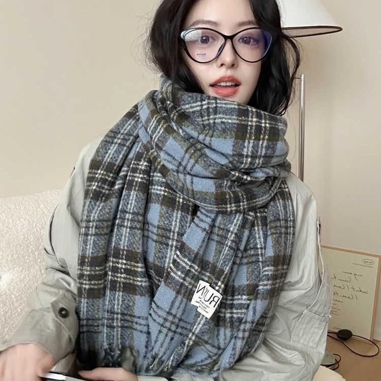 Maillard Plaid Scarf Women'S Season Thickened Warm Shawl Dual-Purpose Solid Color Student Bib Neck Tide