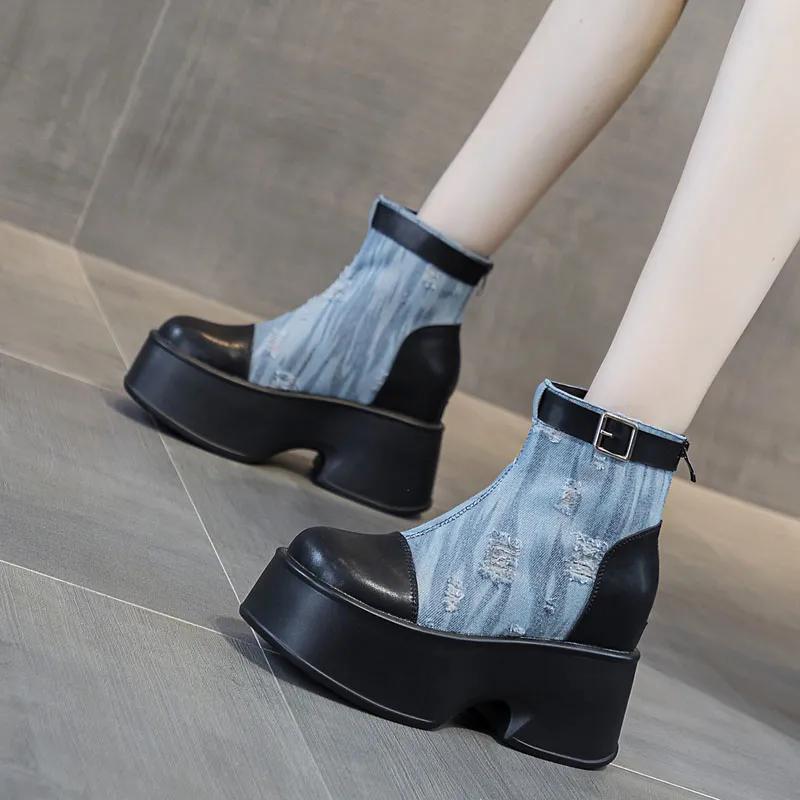 Fashion 11cm Denim Genuine Leather Women Fashion Spring Canvas Ankle Boots Platform Wedge Autumn Fashion High Brand Hidden Heels Shoes