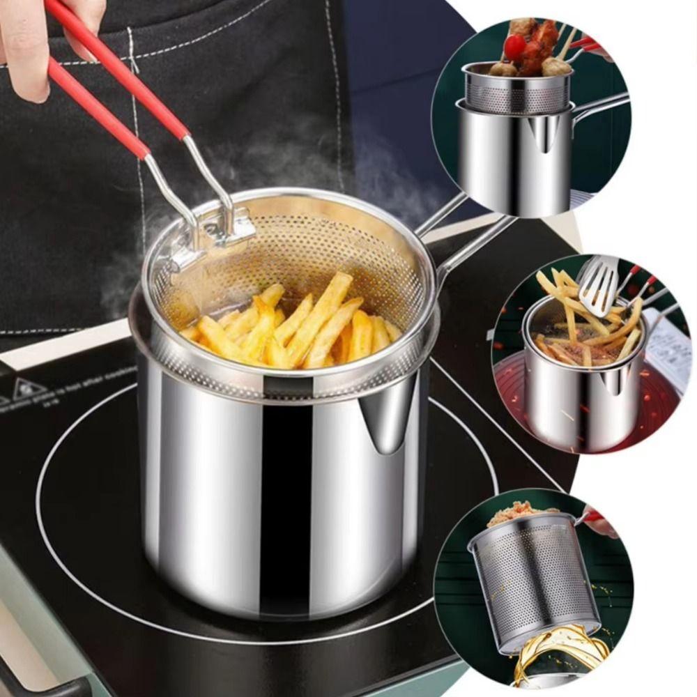 Lid Deep Fryer with Strainer Stainless Steel Milk Warmer Pot Tempura Fryer Pan Kitchen