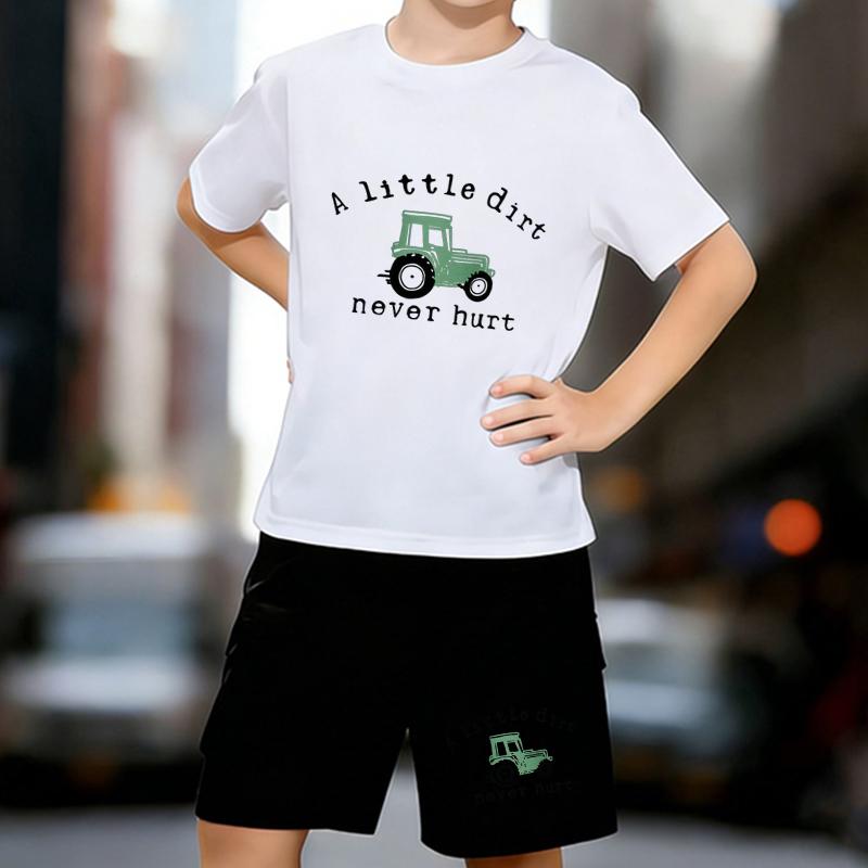 

Boys 2 Piece Cartoon Tractor Print Outfit, Short Sleeve T-Shirt and Shorts Set for Kids Age 5-14,Black and White Sporty Casual Summer Clothes 13-14 Years білий